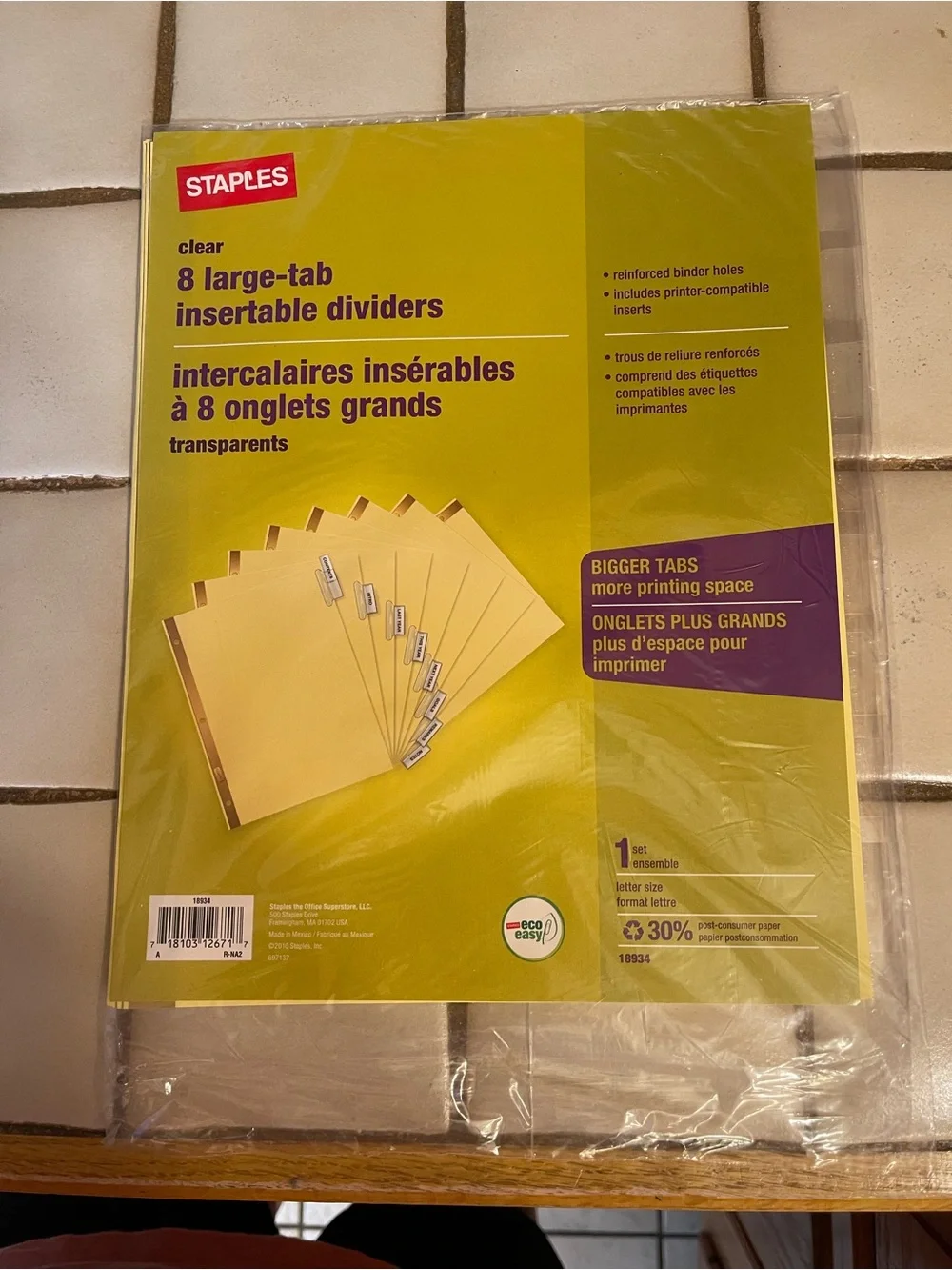 STAPLES Clear 8 Large-Tab Insertable Dividers — Yellow